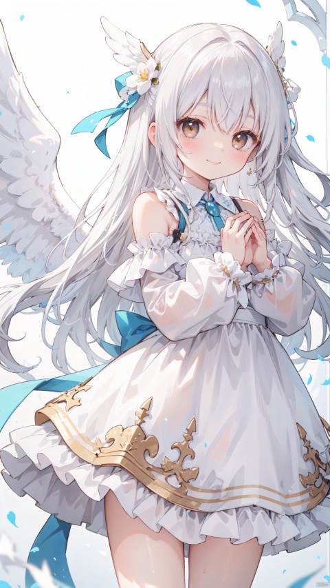 1girl, solo, long hair, looking at viewer, smile, bangs, long sleeves, dress, bare shoulders, brown eyes, very long hair, standing, flower, white hair, frills, detached sleeves, wings, white dress, floating hair, frilled dress, own hands together, wind, feathered wings, angel wings, white wings, pillar, backlight,white background
