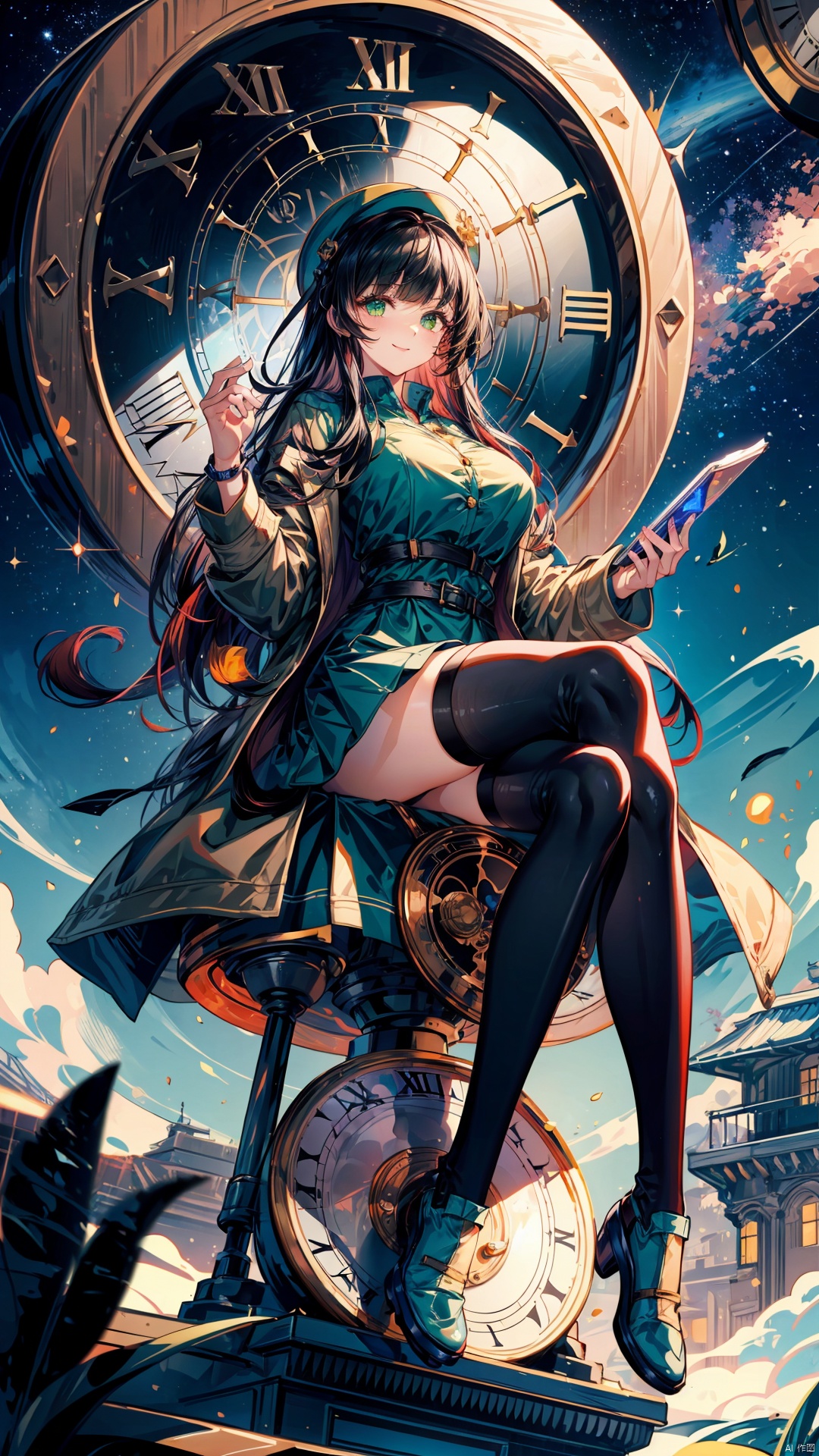  (masterpiece),best quality,highres,stunning art,beautifully painted,colorful,(rim light:1.2),4K wallpapper,fantasy,(panorama),(huge circular flowing round_ramed_clock background),through space,(huge circular flowing transparent hollow round_ramed_clock on top:1.3),complete round_ramed_clock,(((circular surround floating cityscape landscape))),solo,1girl,slim,sitting_invisible_chair,gentle smile,(black thighhighs),long black hair,blunt bangs, green eyes,(khaki fedora), khaki coat,long light-green dress, light-greenshoes,space background,starry_sky,galaxy,red moon, colors