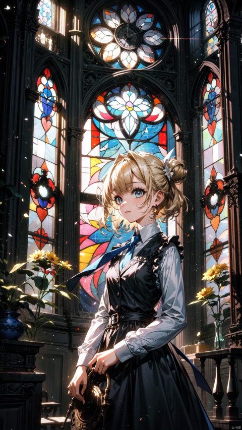  (long shot,wide shot,panorama),lens_flare,masterpiece,best quality,(ray tracing, cinematic lighting),ex-light,(central composition), (Centered Composition and Symmetry),(1girl:1.5), short hair, bangs, blonde hair, shirt, hair ornament, long sleeves, dress, bow, holding, jewelry, standing, upper body, white shirt, flower, hair bow, necktie, indoors, vest, black dress, black bow, formal, frilled dress, black vest, yellow flower, clock, (stained glass:1.2), updo, backlight,Tyndall Effect,closed_mouth,light,shadow