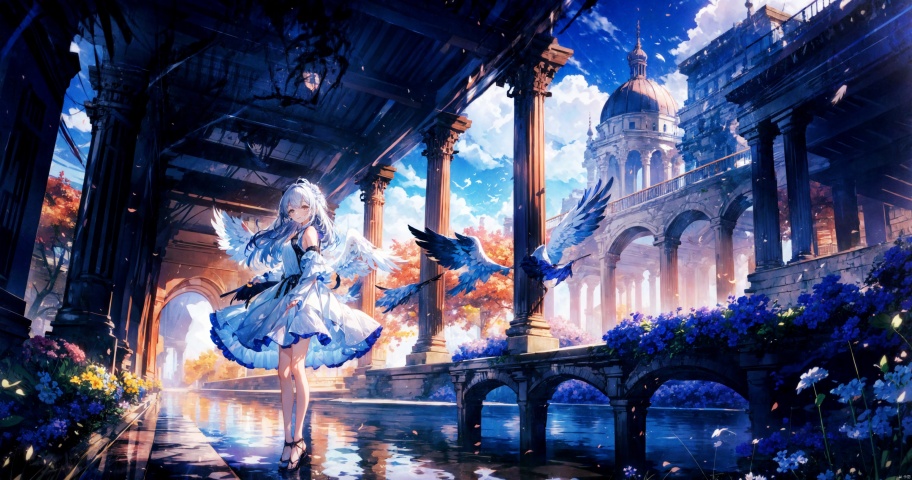 (landscape),(long shot), 1girl, solo, long hair, looking at viewer, smile, bangs, long sleeves, dress, bare shoulders, brown eyes, very long hair, standing, flower, white hair, outdoors, frills, detached sleeves, wings, sky, cloud, white dress, floating hair, feet out of frame, frilled dress, own hands together, wind, feathered wings, angel wings, white wings, pillar