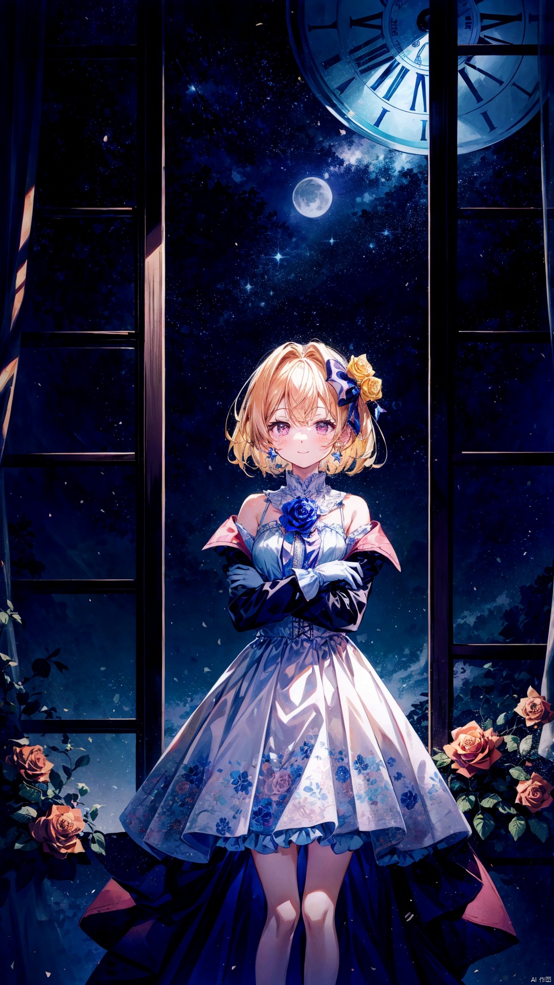 1girl, anniversary, blonde_hair, bow, chandelier, clock, clock_tower, constellation, crossed_arms, dress, flower, formal, gloves, hair_bow, holding, jacket, light_particles, moon, night, night_sky, pink_rose, red_rose, roman_numeral, rose, short_hair, sky, smile, star_\(sky\), starry_sky, white_rose, window, yellow_flower, yellow_rose,