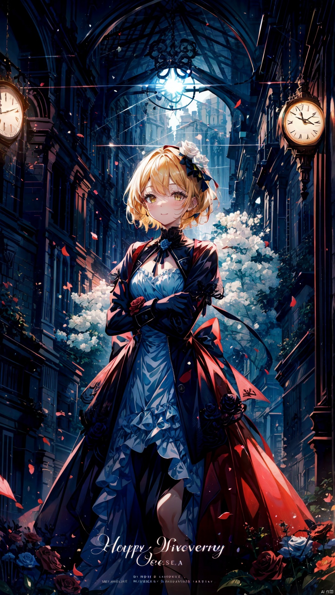  1girl, anniversary, blonde_hair, bow, chandelier, clock, clock_tower, constellation, crossed_arms, dress, flower, formal, gloves, hair_bow, holding, jacket, light_particles, pink_rose, red_rose, (roman_numeral:1.2), rose, short_hair, smile, white_rose, window, yellow_flower, yellow_rose,