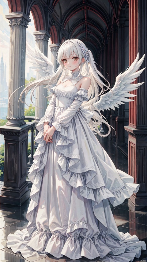  1girl, solo, long hair, looking at viewer, smile, bangs, long sleeves, dress, bare shoulders, brown eyes, very long hair, standing, flower, white hair, frills, detached sleeves, wings, white dress, floating hair, frilled dress, own hands together, wind, feathered wings, angel wings, white wings, pillar, backlight,white background