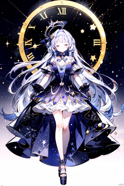  1girl, solo, long hair, breasts, bangs, gloves, dress, bare shoulders, very long hair, closed mouth, blue hair,purple_hair,white_hair, standing, full body, closed eyes, wings, blue dress, halo, skirt hold,stars,night,galaxy,stage,light,moonlight,shadow,idol,tunes,song,singing,music_notes,music,night,starry_sky,round_ramed_clock on top,