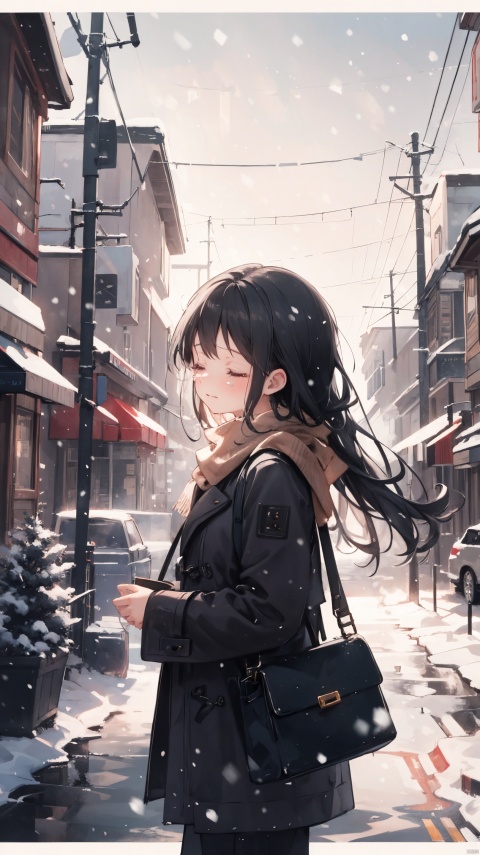1girl, long hair, black hair, closed eyes, outdoors, solo focus, bag, scarf, tree, coat, night, crying, letterboxed, building, scenery, snow, snowing, city, winter, power lines, bare tree, backlight,