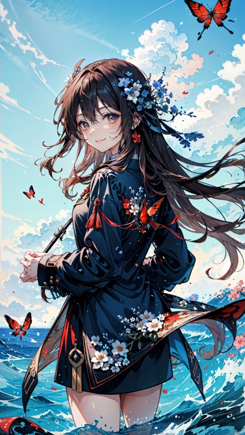 (masterpiece), (best quality), artist void0, 1girl, hu tao (genshin impact), solo, long hair, looking at viewer, symbol-shaped pupils, flower-shaped pupils, portrait, red eyes, blurry, brown hair, bangs, hair between eyes, looking back, floating hair, hair between eyes, very long hair, closed mouth, flower, parted lips, water, partially submerged, holding flower, red butterfly