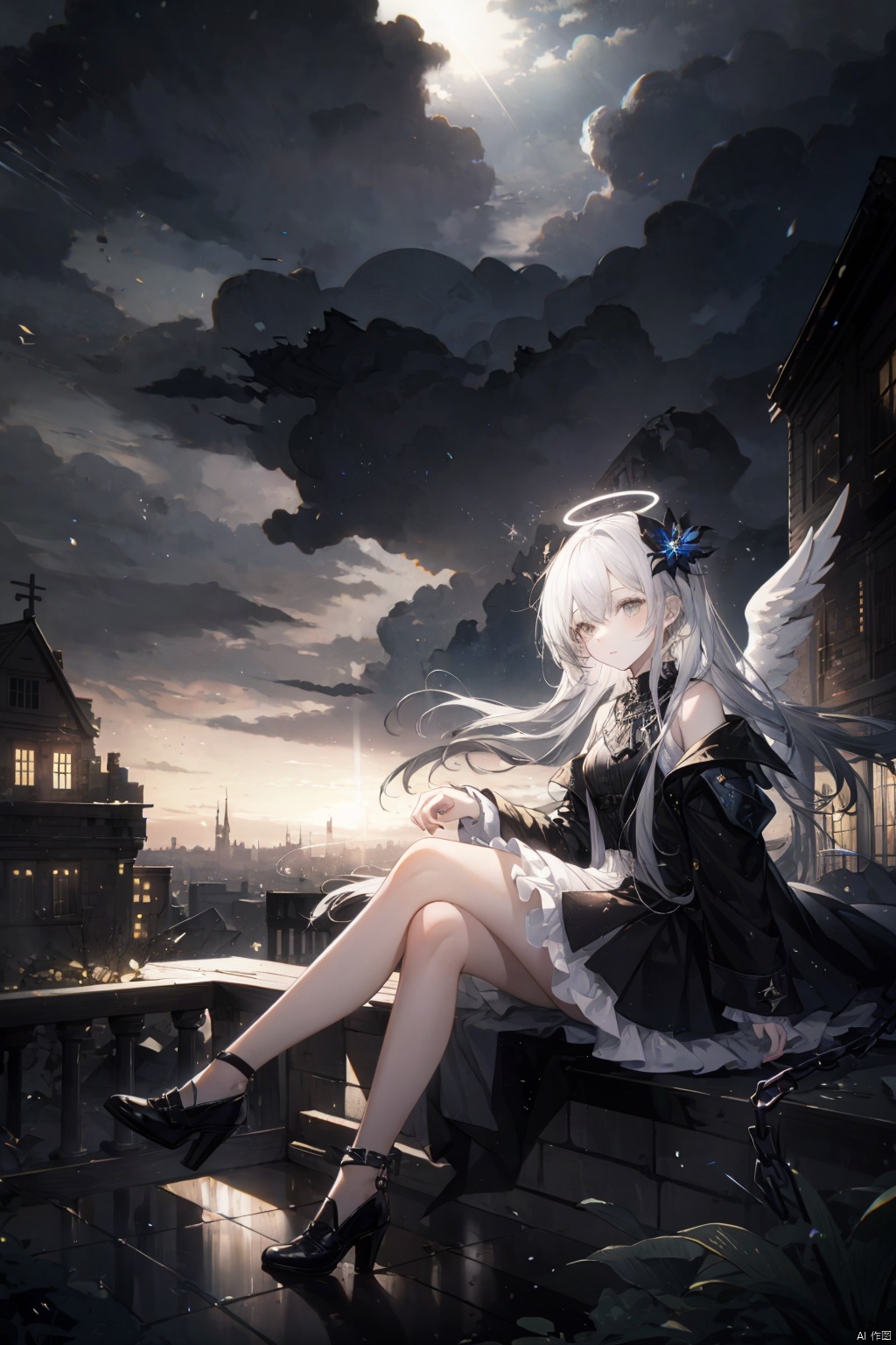  masterpiece,best quality,high quality,(colorful),1girl,loli,(sunlight),(angel),dynamic angle,floating,wing,halo,floating white silk,(Holy Light),silver stars,1girl,chain ring,chain storm,dark chain,((wholeblack bloomer)),darkside,night,deep dark,darkness,((dark clouds)),((ruins)),shadow,death garden, hitoroa