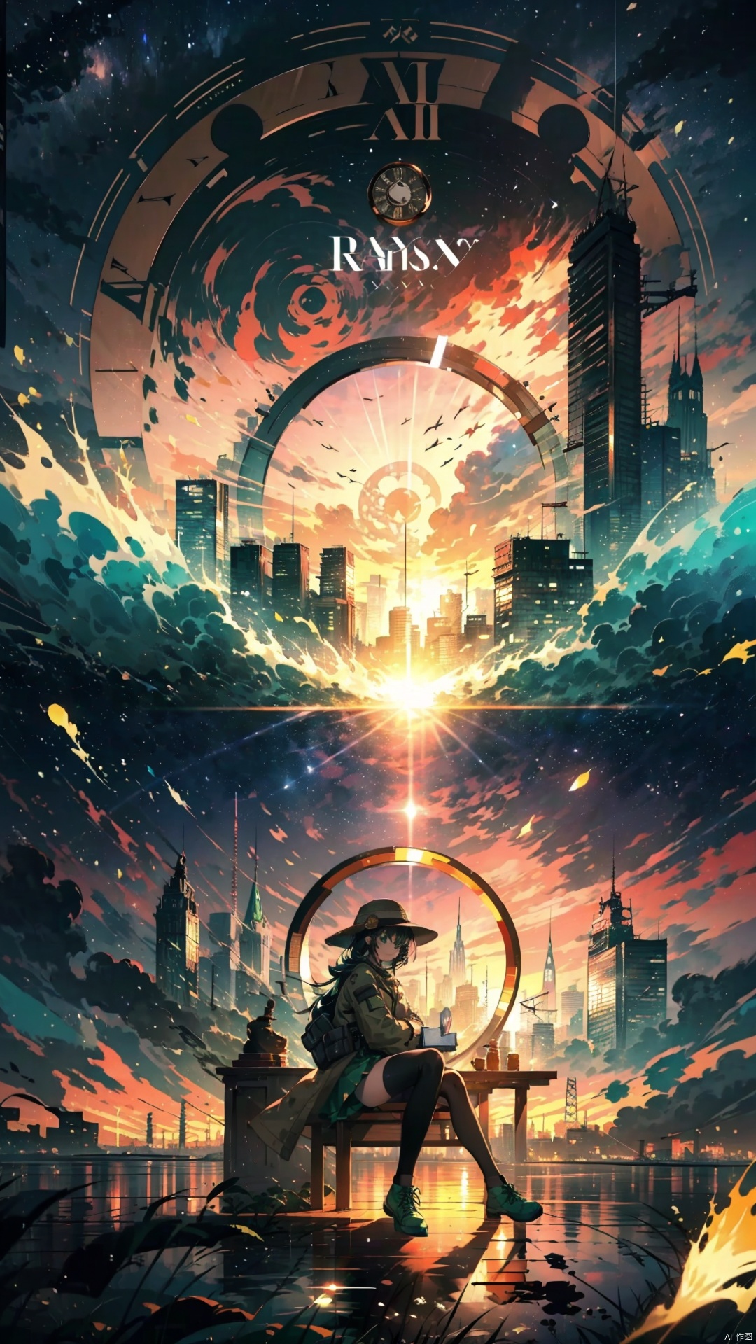 (masterpiece),best quality,highres,stunning art,beautifully painted,colorful,(rim light:1.2),4K wallpapper,fantasy,(panorama),(huge circular flowing round_ramed_clock background),through space,(huge circular flowing transparent hollow round_ramed_clock  on top:1.3),complete round_ramed_clock,(((circular surround floating cityscape landscape))),solo,1girl,slim,sitting_invisible_chair,gentle smile,(black thighhighs),long black hair,blunt bangs, green eyes,(khaki fedora), khaki coat,long light-green dress, light-greenshoes,space background,starry_sky,galaxy,red moon
