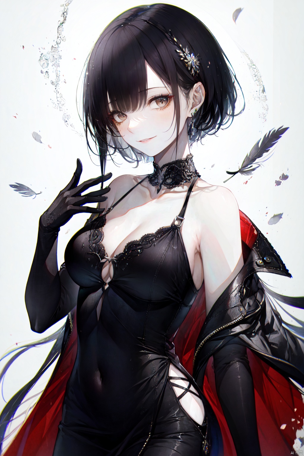  1girl, breasts, looking at viewer, smile, short hair, bangs, large breasts, black hair, gloves, dress, navel, bare shoulders, brown eyes, jewelry, collarbone, earrings, solo focus, black gloves, elbow gloves, black dress, covered navel, formal, feather boa,upper_body ,backlight, hitoroa