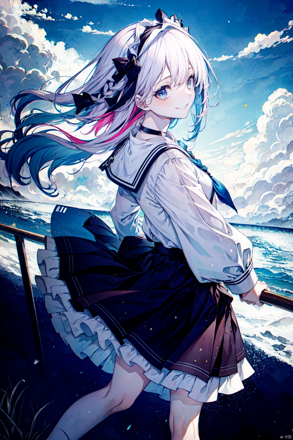  1 girl,long hair, looking at viewer, smile, bangs, blue eyes, skirt, shirt, long sleeves, ribbon, closed mouth, school uniform, blue hair, purple eyes, hair ribbon, pink hair, braid, white hair, pantyhose, multicolored hair, pleated skirt, hairband, lying, sky, barefoot, serafuku, choker, day, looking back, cloud, on back, sailor collar, water, grin, two-tone hair, blue sky, white skirt, blue shirt, white ribbon, white sailor collar, colored inner hair, bow hairband, blue serafuku, backlight, hitoroa