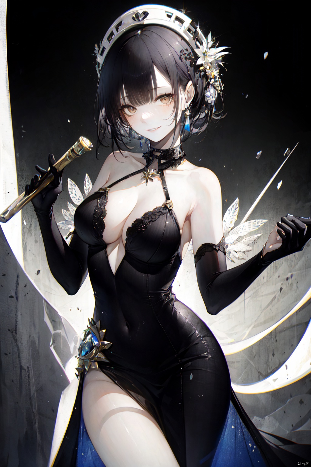  1girl, breasts, looking at viewer, smile, short hair, bangs, large breasts, black hair, gloves, dress, navel, bare shoulders, brown eyes, jewelry, collarbone, earrings, solo focus, black gloves, elbow gloves, black dress, covered navel, formal, feather boa, champagne flute, , backlight, hitoroa