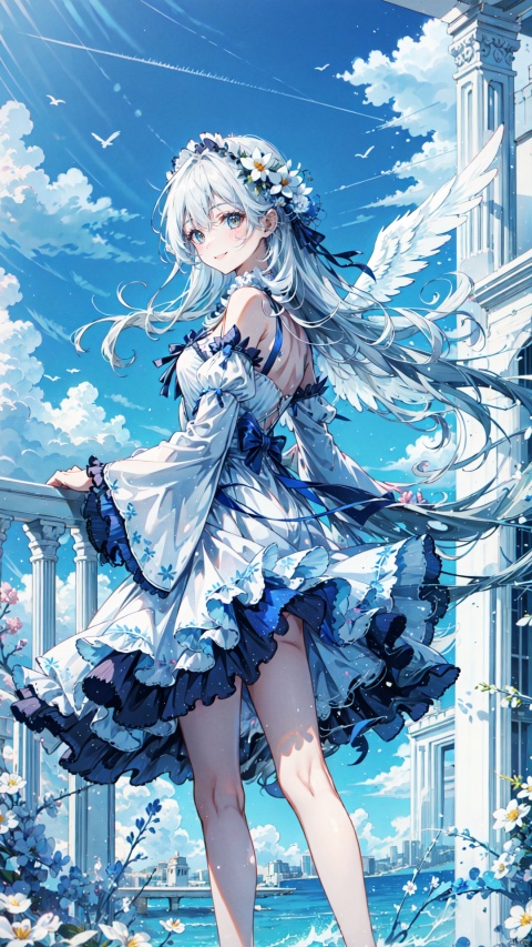 1girl, solo, long hair, looking at viewer, smile, bangs, long sleeves, dress, bare shoulders, brown eyes, very long hair, standing, flower, white hair, outdoors, frills, detached sleeves, wings, sky, cloud, white dress, floating hair, feet out of frame, frilled dress, own hands together, wind, feathered wings, angel wings, white wings, pillar,