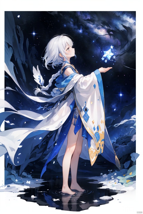 (silver, glimmer)),contrast,phenomenal aesthetic,best quality,sumptuous artwork,(masterpiece),(best quality),(ultra-detailed),(((illustration))),((an extremely delicate and beautiful)),(detailed light),cold theme,broken glass,broken wall,((an array of stars)),((starry sky)),the Milky Way,star,Reflecting the starry water surface,(1girl:1.3),awhite hair,blinking,white dress,closed mouth,constel lation,flat color,white hair,braid,blinking,white robe,barefoot,float,flat color,looking up,standing,medium hair,standing,solo,space,universe,Nebula,many stars,