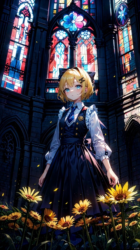  (long shot,wide shot,panorama),lens_flare,masterpiece,best quality,(ray tracing, cinematic lighting),ex-light,(central composition), (Centered Composition and Symmetry),(1girl:1.5), short hair, bangs, blonde hair, shirt, hair ornament, long sleeves, dress, bow, holding, jewelry, standing, upper body, white shirt, flower, hair bow, frills, necktie, indoors, vest, black dress, black bow, siblings, formal, frilled dress, black vest, yellow flower, clock, (stained glass:1.2), updo, backlight,Tyndall Effect,closed_mouth,light