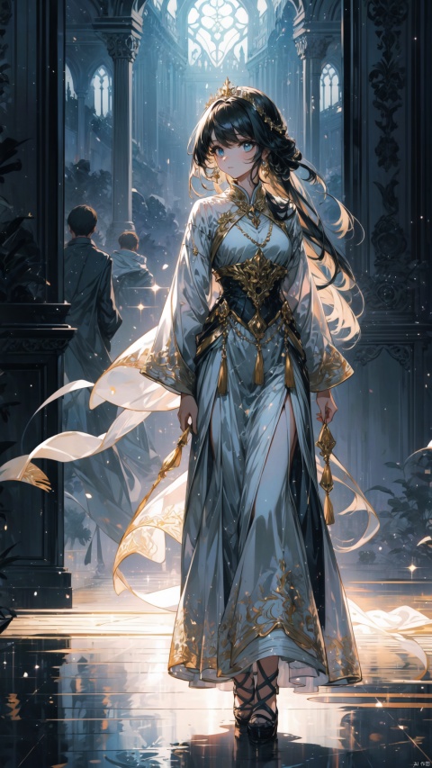 The lady's face was sweet and calm, with long black hair shimmering with silver shadows at the ends. Her long skirt, like the night sky, was adorned with exquisite silver patterns and light gold tassels. She stood there, like a noble and noble woman walking out of the palace, emitting a mysterious and lazy aura