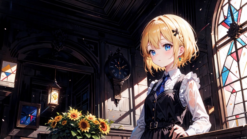 (long shot,wide shot,panorama),lens_flare,masterpiece,best quality,(ray tracing, cinematic lighting),ex-light,(central composition), (Centered Composition and Symmetry),(1girl:1.2), short hair, bangs, blonde hair, shirt, hair ornament, long sleeves, dress, bow, holding, jewelry, standing, upper body, white shirt, flower, hair bow, frills, necktie, indoors, vest, black dress, black bow, siblings, formal, frilled dress, black vest, yellow flower, clock, (stained glass:1.2), updo, backlight,Tyndall Effect,closed_mouth,light