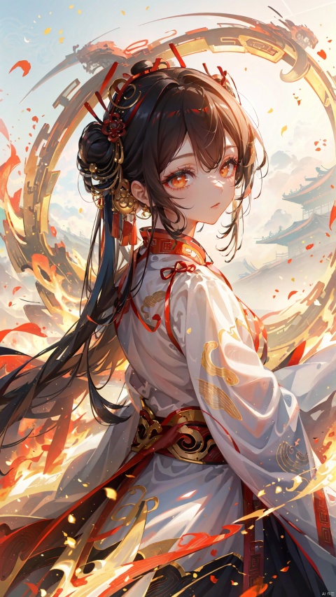  ink painting,1girl,hair_ornament, jewelry,bang long_hair, long_sleeves, looking_at_viewer, solo,(((peking opera))),((Peking Opera costume)),black_hair, backlight, eastern dragon,upper_body,chinese_clothes,clouds,fire,(orange theme),white background,white dress,gold_trim