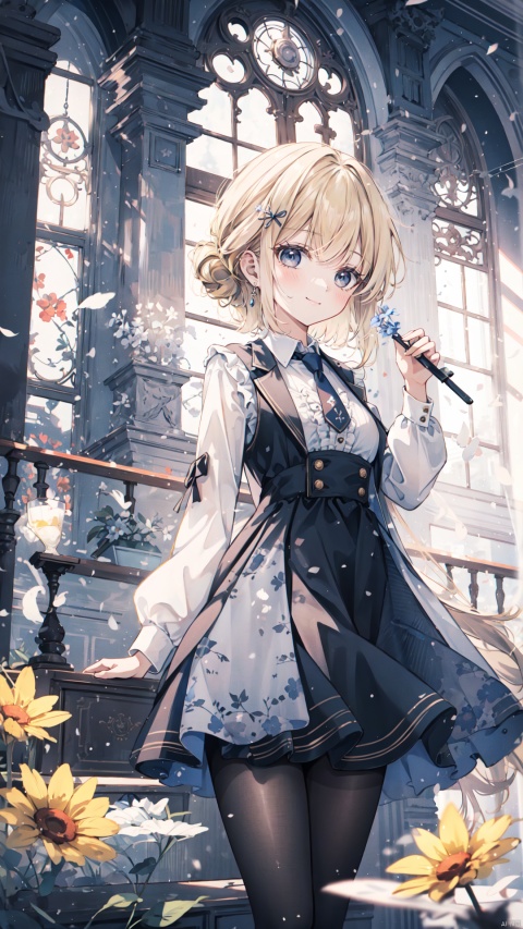  (long shot, wide shot, panorama), lens_flare, masterpiece, best quality, (ray tracing, cinematic lighting), ex-light, (central composition), (Centered Composition and Symmetry), (1girl:1.2), short hair, bangs, blonde hair, shirt, hair ornament, long sleeves, dress, bow, holding, jewelry, standing, upper body, white shirt, flower, hair bow, frills, necktie, indoors, vest, black dress, black bow, formal, frilled dress, black vest, yellow flower, clock, church, updo, backlight, Tyndall Effect, closed_mouth, light, white pantyhose