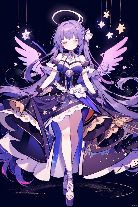 1girl, solo, long hair, breasts, bangs, gloves, dress, bare shoulders, very long hair, closed mouth, blue hair,purple_hair,white_hair, standing, full body, closed eyes, wings, blue dress, halo, skirt hold,stars,night,galaxy,stage,light,moonlight,shadow,idol,tunes,song,singing,music_notes,music,night,starry_sky,