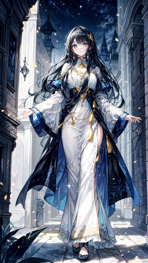  The lady's face was sweet and calm, with long black hair shimmering with silver shadows at the ends. Her long skirt, like the night sky, was adorned with exquisite silver patterns and light gold tassels. She stood there, like a noble and noble woman walking out of the palace, emitting a mysterious and lazy aura, fantasy