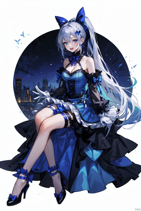  1girl, solo, long hair, breasts, looking at viewer, smile, open mouth, bangs, blue eyes, gloves, long sleeves, dress, bow, cleavage, bare shoulders, medium breasts, sitting, very long hair, blue hair, purple eyes, full body, ponytail, white hair, :d, hair bow, multicolored hair, frills, clothing cutout, bare legs, thigh strap, blue dress, heterochromia, blue bow, frilled dress, blue gloves, hitoroa, colors