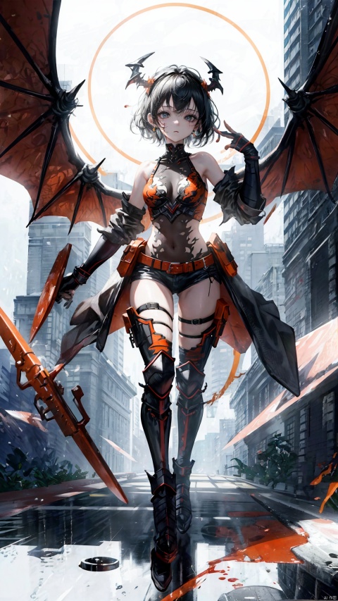  Best quality, masterpiece, ultra high res, 1 girl, beautiful face, detailed skin, gu, dragon, full body, weapon, black hair, holding weapon, blood, arm guards, male focus, looking at viewer, black eyes, tabi, floating hair, full body, orange, hands up,best quality
