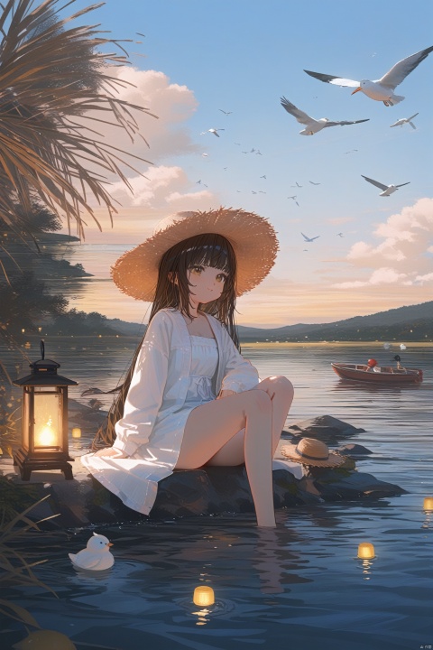  1girl, bird, long_hair, solo, sitting, hat, barefoot, soaking_feet, black_hair, lantern, water, outdoors, straw_hat, jacket, dress, cloud, brown_eyes, sky, long_sleeves, open_clothes, yellow_eyes, knee_up, tree, bare_legs, boat