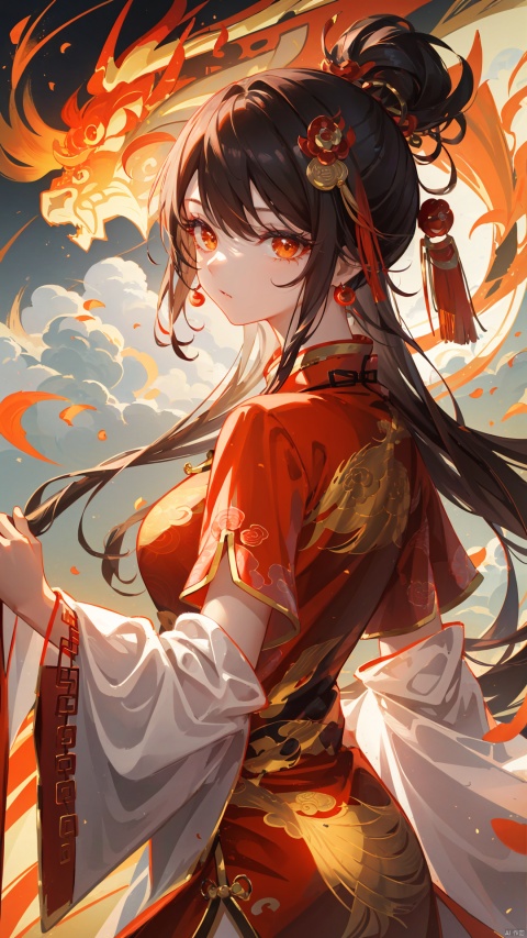  ink painting,1girl,hair_ornament, jewelry,bang long_hair, long_sleeves, looking_at_viewer, solo,(((peking opera))),((Peking Opera costume)),black_hair, backlight, eastern dragon,upper_body,chinese_clothes,clouds,fire,(orange theme),white background,white dress,gold_trim