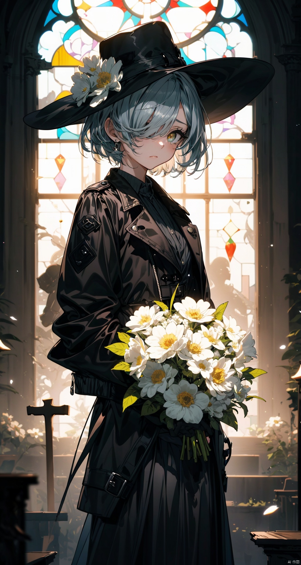  detailed_background,(masterpiece1.2),(Cowboy shot:1.35) , 1girl ,silver_hair , short hair , full bangs , (hair over one eye) , golden eyes ,detailed eyes, sad expression , (closed black trench jacket waist:1.25) , (Black lace lining) , (long black full skirt:1.2) , (small black hat worn sideways) , (black long gloves:1.15) , (carrying a large bouquet of white flowers:1.2) , 1girl,tomb,tombstone,facing to the tomb,tears,sad_face,sadness,stained glass, (backlighting:1.2), rim light, shadow,church,indoors, backlight