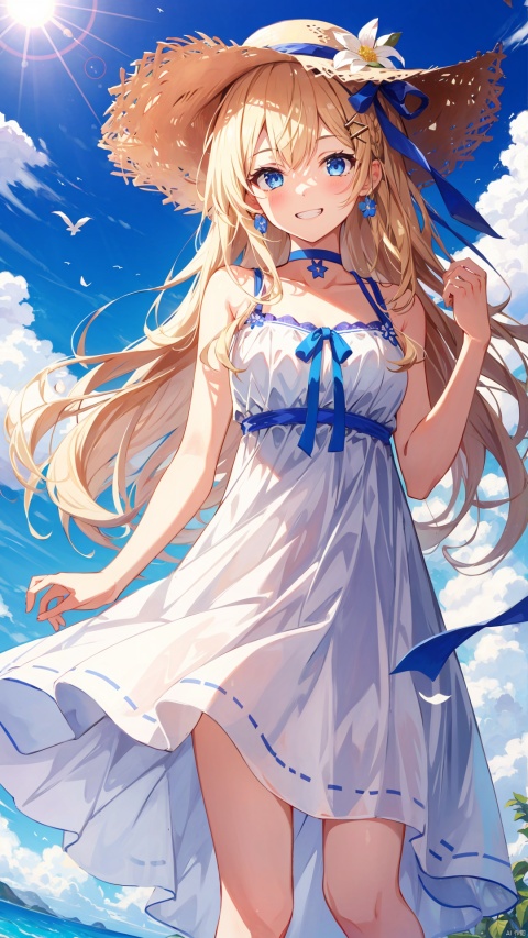 1girl, solo, long hair, breasts, looking at viewer, smile, bangs, blue eyes, blonde hair, hair ornament, hat, dress, ribbon, bare shoulders, very long hair, standing, collarbone, flower, outdoors, sky, sleeveless, choker, day, cloud, hand up, hair flower, white dress, grin, blue sky, book, sleeveless dress, halo, hair intakes, white flower, blue ribbon, wind, sun hat, straw hat, hat flower, sundress, white choker, blue choker