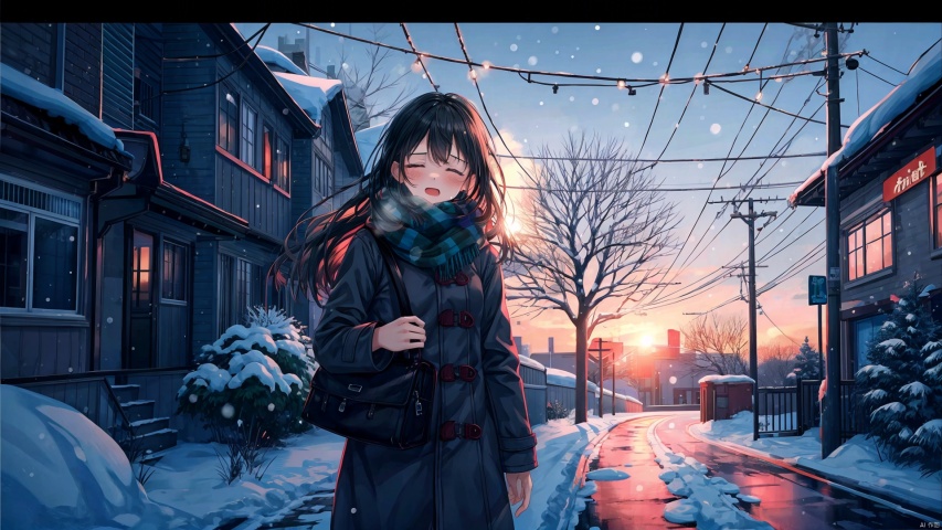  1girl, long hair, black hair, closed eyes, outdoors, solo focus, bag, scarf, tree, coat, night, crying, letterboxed, building, scenery, snow, snowing, city, winter, power lines, bare tree, backlight,night