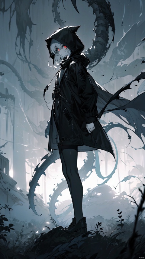  (Black and grey theme:1.3), (Very thick black fog:1.3)
(From distance:1.2), (solo), (1 girl), has Detailed beautiful red_eyes, (full body), (Cold face), Black trench coat, black Silk stockings, Black hood
(detailed light), best shadow, Depth of field
/=
Death, darkness, horror, spookiness, evil, morbid, Twist:0.2, (unseen figure:1.2), (blurry:1.2), (Dark night), (No_light)
(unseen figure:1.2), ([lots of Leviathan of monsters twist and blurry|Black forest:2|black fog:3]:1.2), (Many [vines:3|grey_mucous_tentacles]:1.2, backlight