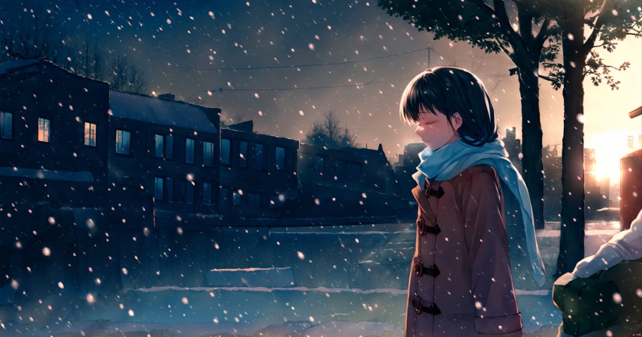  1girl, long hair, black hair, closed eyes, outdoors, solo focus, bag, scarf, tree, coat, night, crying, letterboxed, building, scenery, snow, snowing, city, winter, power lines, bare tree, backlight
