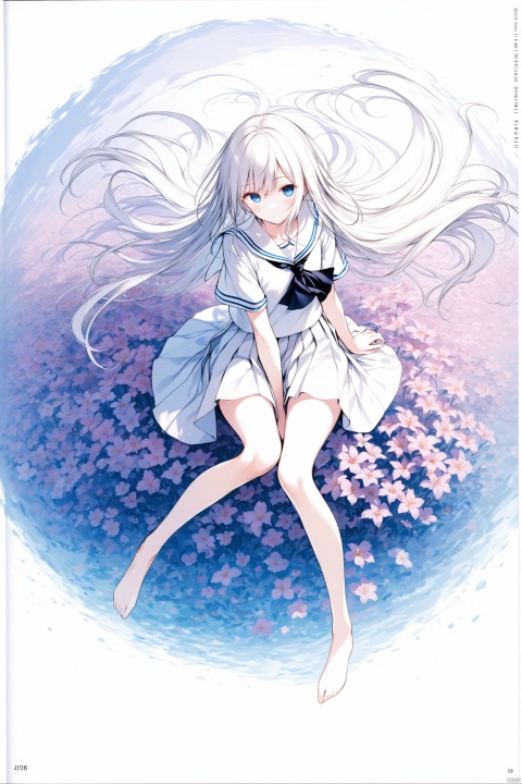 (masterpiece), (best quality), illustration, ultra detailed, hdr, Depth of field, (colorful)[tekito_midori],[Ask_asky],[ke-ta],[wanke],Artist hiten (hitenkei), 1girl, solo, long hair, floating hair, white skirt, barefoot, white hair, blue eyes, black ascot, very long hair, page number, skirt, flower, white shirt, short sleeves, school uniform, shirt, hand between legs, ascot, full body, between legs, sailor collar, blush, sailor shirt, miniskirt, sitting, hair between eyes, straight hair, invisible chair, looking at viewer, white flower, closed mouth, copyright name, bare legs, blunt ends, white sailor collar, pink flower