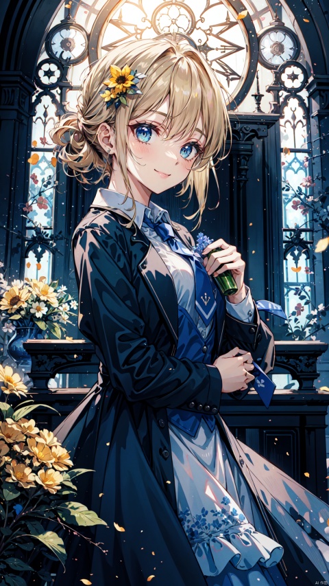 (long shot, wide shot, panorama), lens_flare, masterpiece, best quality, (ray tracing, cinematic lighting), ex-light, (central composition), (Centered Composition and Symmetry), (1girl:1.2), short hair, bangs, blonde hair, shirt, hair ornament, long sleeves, dress, bow, holding, jewelry, standing, upper body, white shirt, flower, hair bow, frills, necktie, indoors, vest, black dress, black bow, formal, frilled dress, black vest, yellow flower, clock, church, updo, backlight, Tyndall Effect, closed_mouth, light