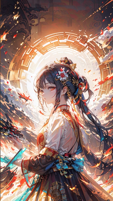  ink painting,1girl,hair_ornament, jewelry,bang long_hair, long_sleeves, looking_at_viewer, solo,(((peking opera))),((Peking Opera costume)),black_hair, backlight, eastern dragon,upper_body,chinese_clothes,clouds,fire,(orange theme),white background,white dress,gold_trim