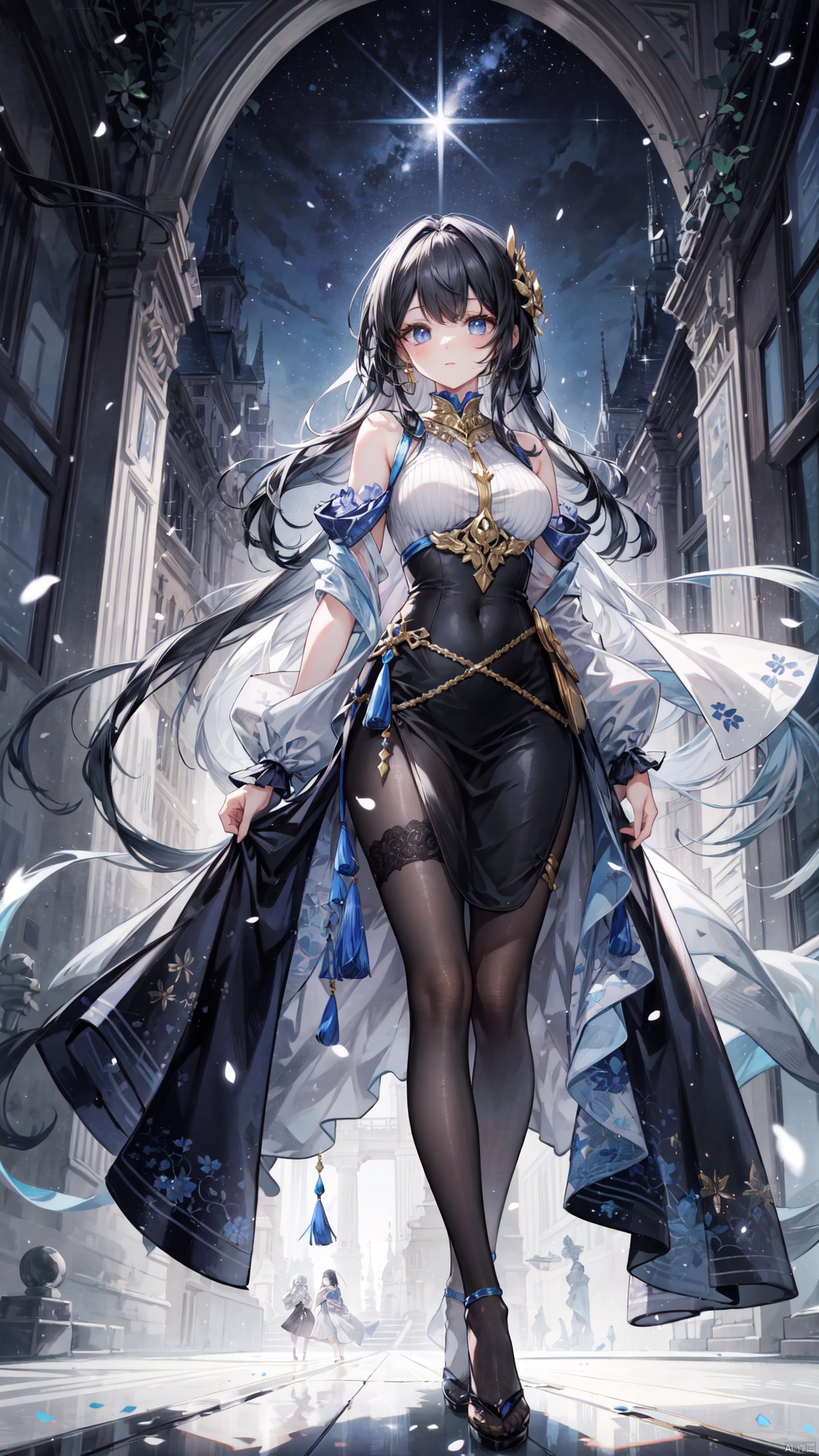  The lady's face was sweet and calm, with long black hair shimmering with silver shadows at the ends. Her long skirt, like the night sky, was adorned with exquisite silver patterns and light gold tassels. She stood there, like a noble and noble woman walking out of the palace, emitting a mysterious and lazy aura, fantasy