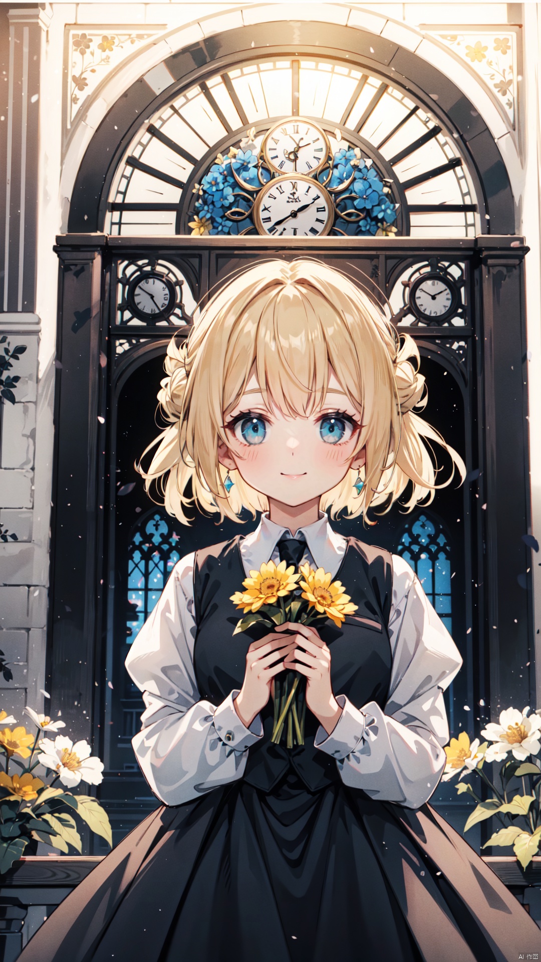  (long shot, wide shot, panorama), lens_flare, masterpiece, best quality, (ray tracing, cinematic lighting), ex-light, (central composition), (Centered Composition and Symmetry), (1girl:1.2), short hair, bangs, blonde hair, shirt, hair ornament, long sleeves, dress, bow, holding, jewelry, standing, upper body, white shirt, flower, hair bow, frills, necktie, indoors, vest, black dress, black bow, formal, frilled dress, black vest, yellow flower, clock, church, updo, backlight, Tyndall Effect, closed_mouth, light