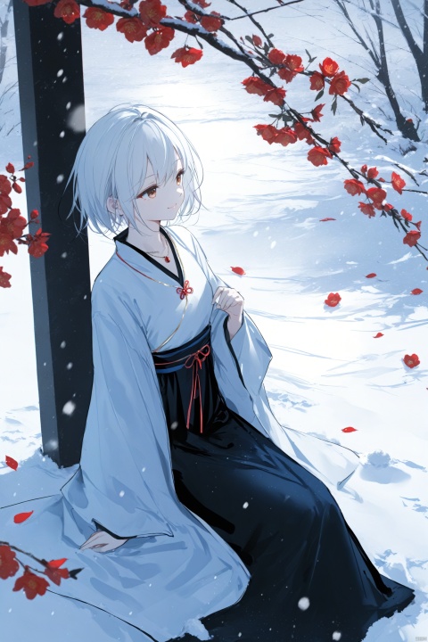  masterpiece,best quality,high quality,(colorful),[Artist miwano rag],[Artist toosaka asagi],[[[Artist wlop]]],[Artist chen bin],Artist Miv4t,in the snow, 1girl, solo, smile, short hair, white hair, brown eyes, jewelry, emotionless,hanfu,chinese_clothes,necklace, web address, snow, snowing, oil-paper,(white theme),(black theme),ink,tree,(red flowers), onnk
