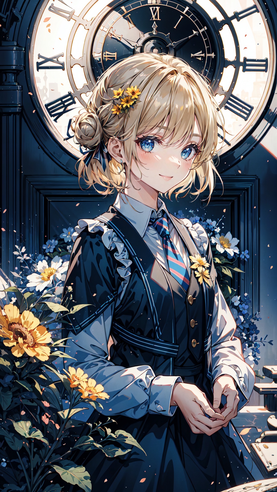  (long shot, wide shot, panorama), lens_flare, masterpiece, best quality, (ray tracing, cinematic lighting), ex-light, (central composition), (Centered Composition and Symmetry), (1girl:1.2), short hair, bangs, blonde hair, shirt, hair ornament, long sleeves, dress, bow, holding, jewelry, standing, upper body, white shirt, flower, hair bow, frills, necktie, indoors, vest, black dress, black bow, formal, frilled dress, black vest, yellow flower, clock, church, updo, backlight, Tyndall Effect, closed_mouth, light