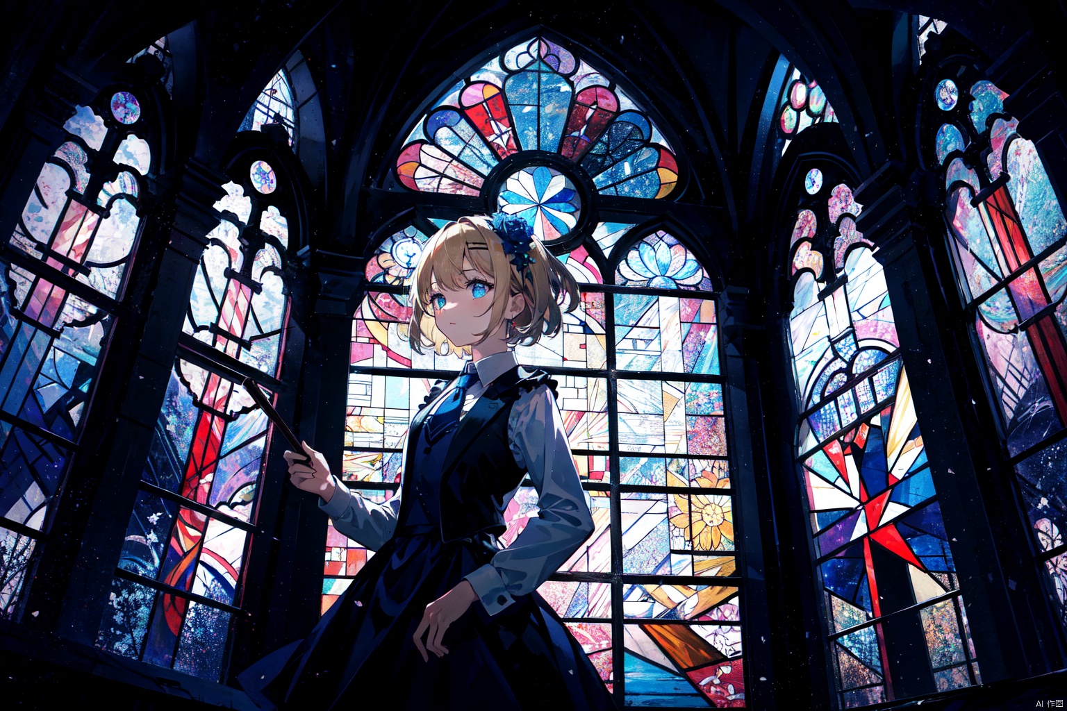 masterpiece,best quality,(ray tracing, cinematic lighting),ex-light,(central composition, Centered Composition and Symmetry),(1girl:1.2), short hair, bangs, blonde hair, shirt, hair ornament, long sleeves, dress, bow, holding, jewelry, standing, upper body, white shirt, flower, hair bow, frills, necktie, indoors, vest, black dress, black bow, siblings, formal, frilled dress, black vest, yellow flower, clock, (stained glass:1.2), updo, backlight,Tyndall Effect,closed_mouth,