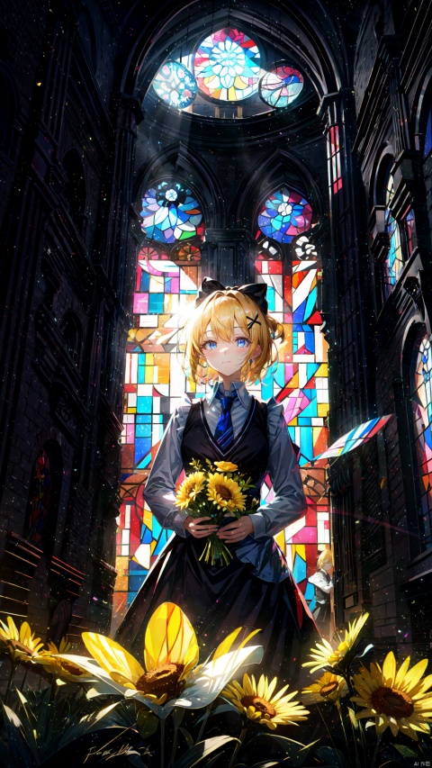  (long shot,wide shot,panorama),lens_flare,masterpiece,best quality,(ray tracing, cinematic lighting),ex-light,(central composition), (Centered Composition and Symmetry),(1girl:1.5), short hair, bangs, blonde hair, shirt, hair ornament, long sleeves, dress, bow, holding, jewelry, standing, upper body, white shirt, flower, hair bow, necktie, indoors, vest, black dress, black bow, formal, frilled dress, black vest, yellow flower, clock, (stained glass:1.2), updo, backlight,Tyndall Effect,closed_mouth,light,shadow