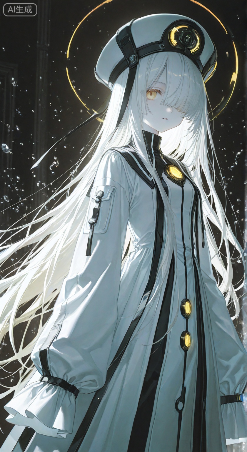 1girl, solo, long hair, breasts, looking at viewer, bangs, hat, dress, very long hair, standing, yellow eyes, white hair, small breasts, parted lips, hair over one eye, sleeves past wrists, glowing, colored skin, pale skin, sleeves past fingers, white skin, water drop

 ,(artist:aoki ume:1.2),(artist:quasarcake:0.6),extreme aesthetic,masterpiece,best quality,backlight,high quality,(Tyndall Effect 1.4),extremely detailed,High Detail,vibrant colors,anime style,(wanke:0.8),(watercolor \(tira 7:0.8),(lam (ramdayo):0.8),(mochizuki kei:0.8),extreme aesthetic,masterpiece,best quality,good quality,newest,very aesthetic,absurdres,Visual impact,32K UHD,colorful,sharp focus ,