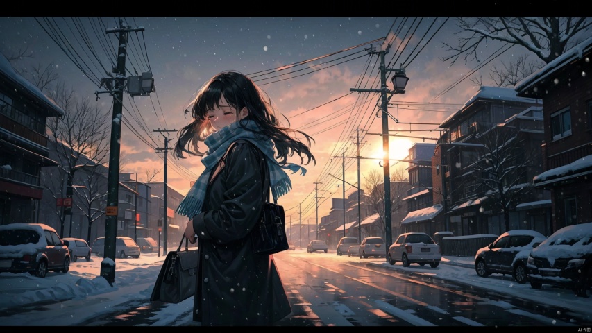 1girl, long hair, black hair, closed eyes, outdoors, solo focus, bag, scarf, tree, coat, night, crying, letterboxed, building, scenery, snow, snowing, city, winter, power lines, bare tree, backlight
