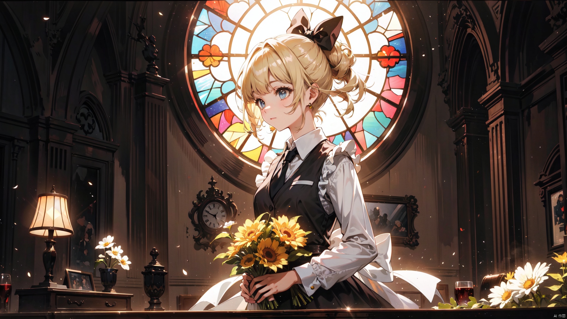 (long shot,wide shot,panorama),lens_flare,masterpiece,best quality,(ray tracing, cinematic lighting),ex-light,(central composition), (Centered Composition and Symmetry),(1girl:1.2), short hair, bangs, blonde hair, shirt, hair ornament, long sleeves, dress, bow, holding, jewelry, standing, upper body, white shirt, flower, hair bow, frills, necktie, indoors, vest, black dress, black bow, siblings, formal, frilled dress, black vest, yellow flower, clock, (stained glass:1.2), updo, backlight,Tyndall Effect,closed_mouth,light