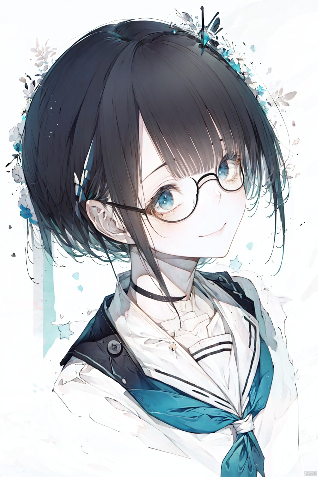  1girl, solo, looking at viewer, smile, short hair, bangs, simple background, shirt, black hair, long sleeves, white background, closed mouth, school uniform, upper body, glasses, serafuku, choker, sailor collar, neckerchief, round eyewear, adjusting eyewear, blue neckerchief, backlight, hitoroa