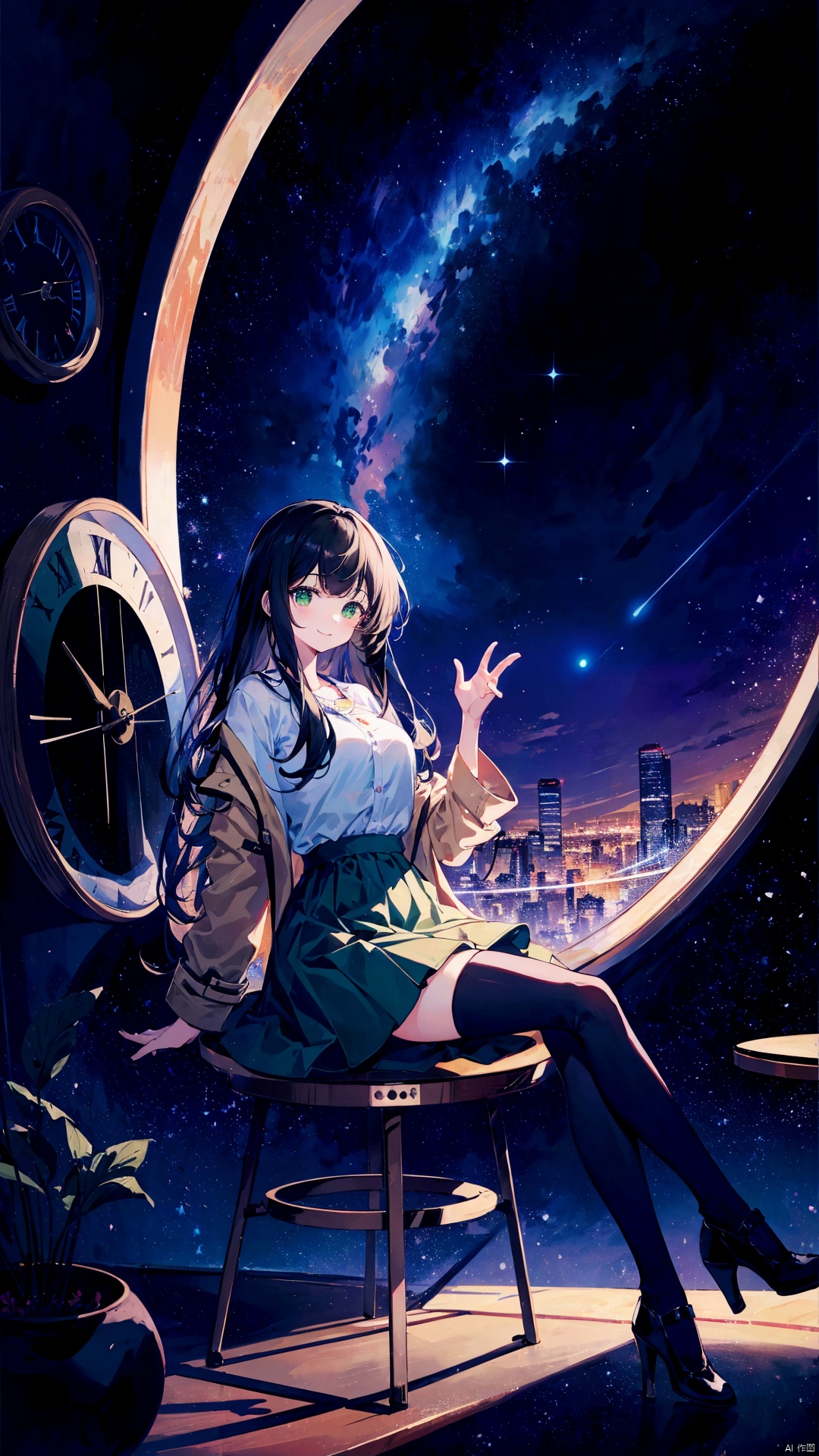  (masterpiece),best quality,highres,stunning art,beautifully painted,colorful,(rim light:1.2),4K wallpapper,fantasy,(panorama),(huge circular flowing round_ramed_clock background),through space,(huge circular flowing transparent hollow round_ramed_clock on top:1.3),complete round_ramed_clock,(((circular surround floating cityscape landscape))),solo,1girl,slim,sitting_invisible_chair,gentle smile,(black thighhighs),long black hair,blunt bangs, green eyes,(khaki fedora), khaki coat,long light-green dress, light-greenshoes,space background,starry_sky,galaxy,red moon