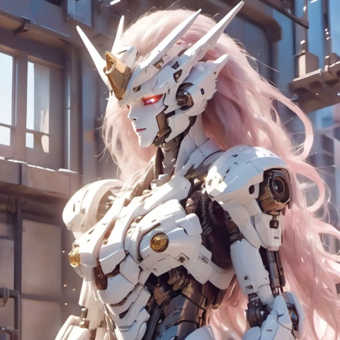 masterpiece,best quality,ultra-detailed,very detailed illustrations,extremely detailed,half-mach,intricate details,highres,super complex details,extremely detailed 8k cg wallpaper,cowboy shot, caustics,reflection,ray tracing,demontheme,nebula,dark aura,cyber effect, (1girl:1.4),solo,alone,mecha musume,mechanical parts, robot joints,single mechanical arm, headgear, mechanical halo,star halo,intricate mechanical bodysuit, mecha corset, full armor, very long hair,white hair, hair between eyes, multicolored hair, colored inner hair, glowing eye,eye trail, random expressions,random action, pond, starry sky,skyline,11,candy-coated,(future city),Gundam