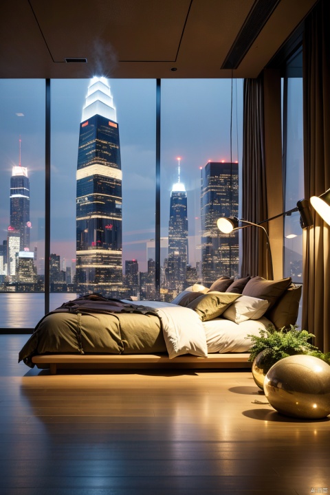  sky, indoors, cup, pillow, no humans, window, bed, night, chair, table, plant, building, scenery, couch, city, lamp, cityscape, skyscraper, city lights, skyline, Installation Art