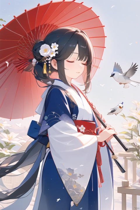  1girl, solo, long hair, black hair, hair ornament, long sleeves, dress, ribbon, holding, closed mouth, standing, closed eyes, flower, hair flower, wide sleeves, hair bun, from side, makeup, bird, umbrella, chinese clothes, tassel, shawl, holding umbrella, branch, red lips, oil-paper umbrella, hanfu, crane \(animal\)